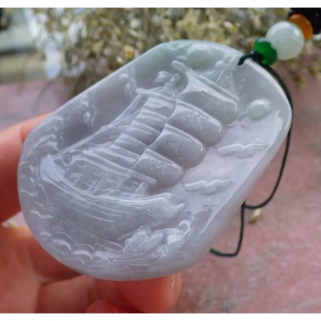 Certified Green 100% Natural A Jade Jadeite Pendant Sailboat Necklace - Image 4