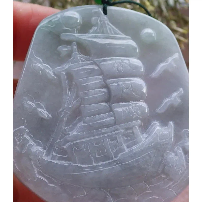 Certified Green 100% Natural A Jade Jadeite Pendant Sailboat Necklace - Image 5