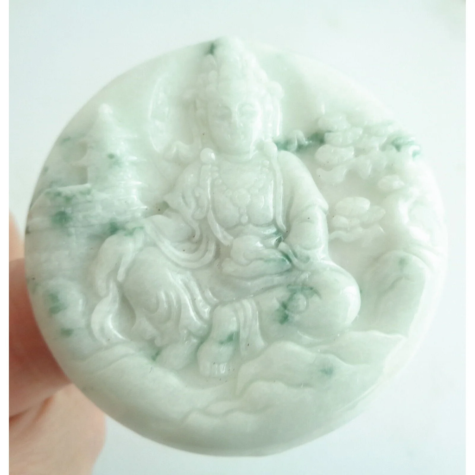Certified Green A Jade Jadeite Carved Landscape Painting Kwan Yin Pendant Necklace - Image 2