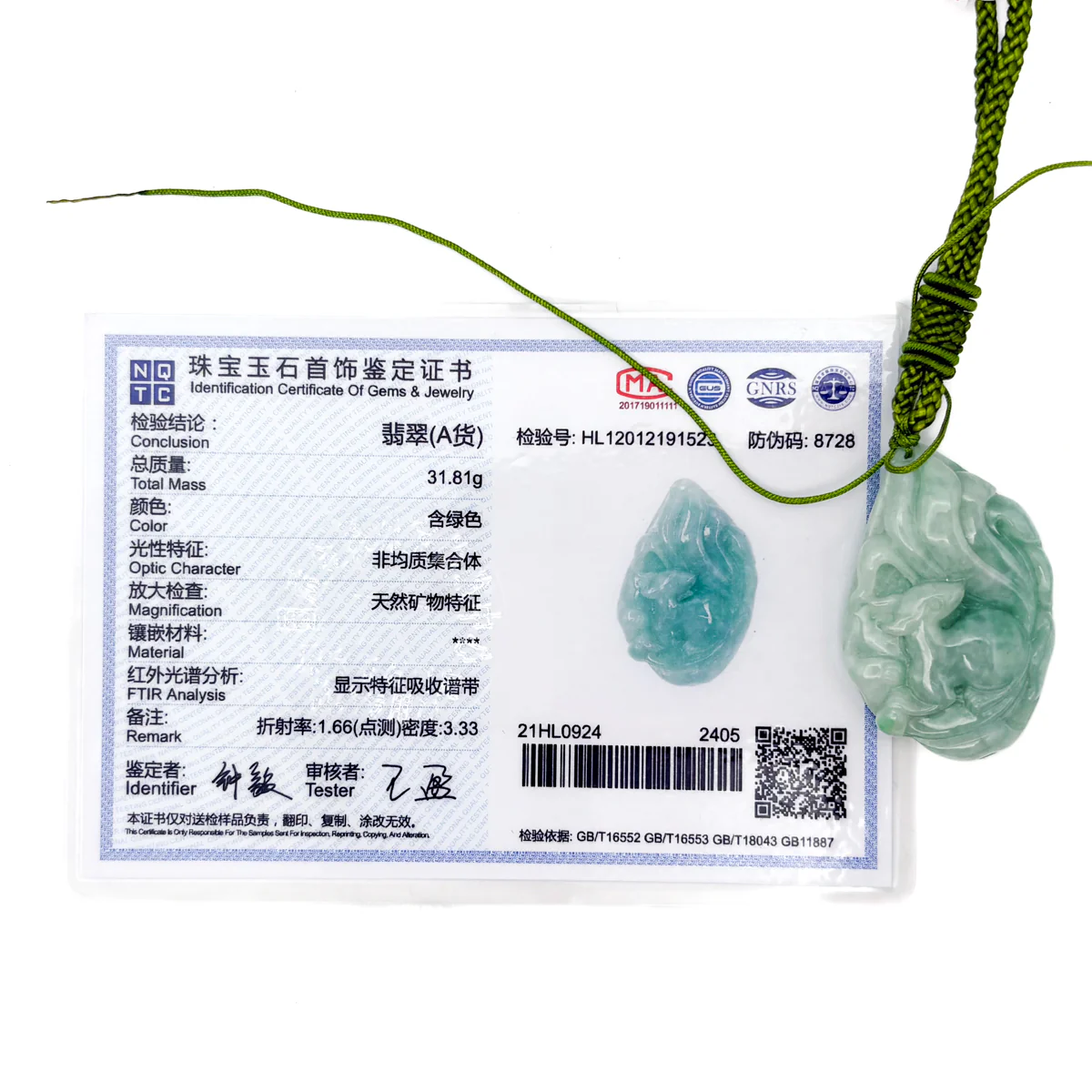 Certified Green Burma 100% Natural A Jade Jadeite Pendant Fox Necklace - Image 11