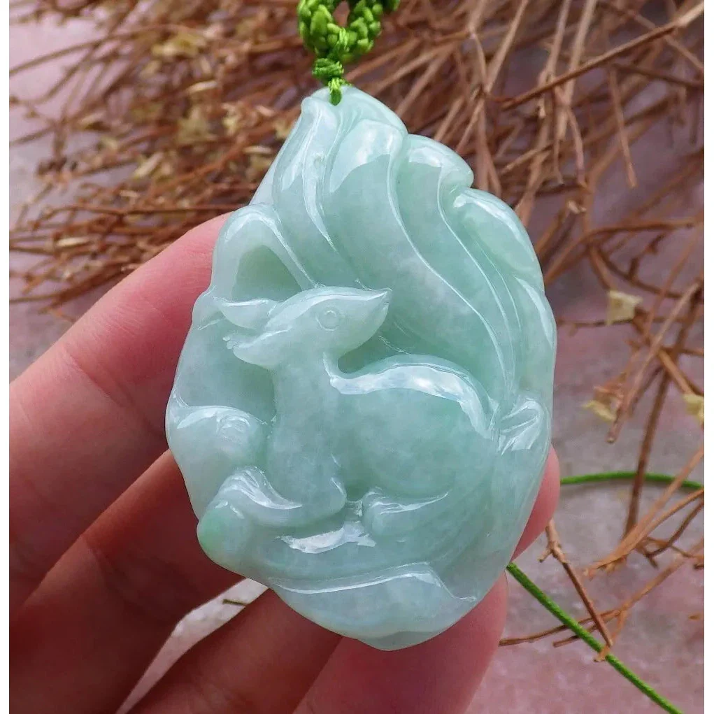 Certified Green Burma 100% Natural A Jade Jadeite Pendant Fox Necklace - Image 12