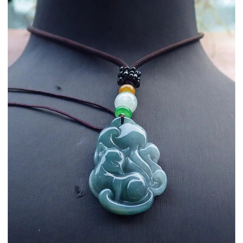 Certified Green Burma 100% Natural A Jade Jadeite Pendant Fox Necklace - Image 2
