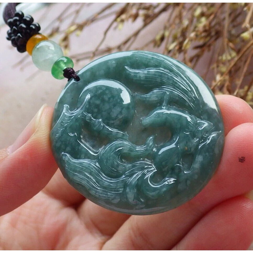 Certified Green Burma 100% Natural A Jade Jadeite Pendant Fox Phoenix Necklace - Image 3