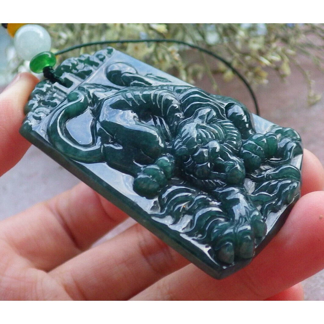 Certified Green Burma 100% Natural A Jade Jadeite Pendant Tiger Necklace - Image 2