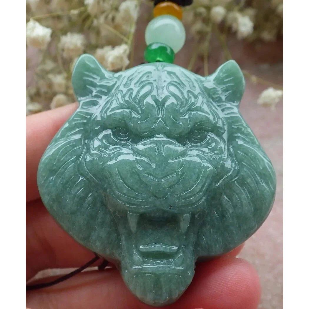 Certified Green Burma Natural 100% A Jade Jadeite Pendant Tiger Head - Image 2