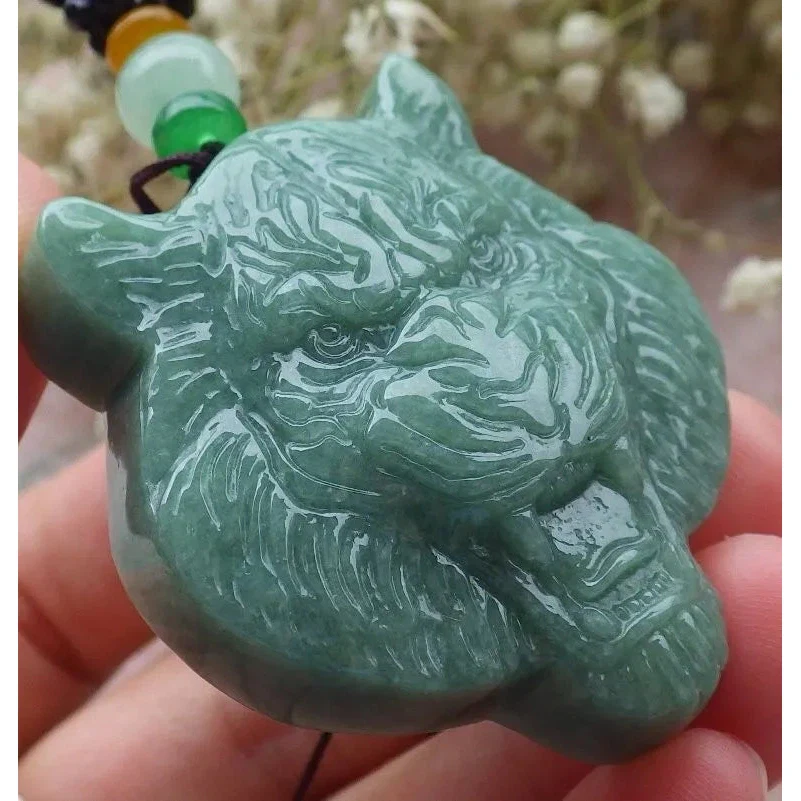 Certified Green Burma Natural 100% A Jade Jadeite Pendant Tiger Head - Image 3