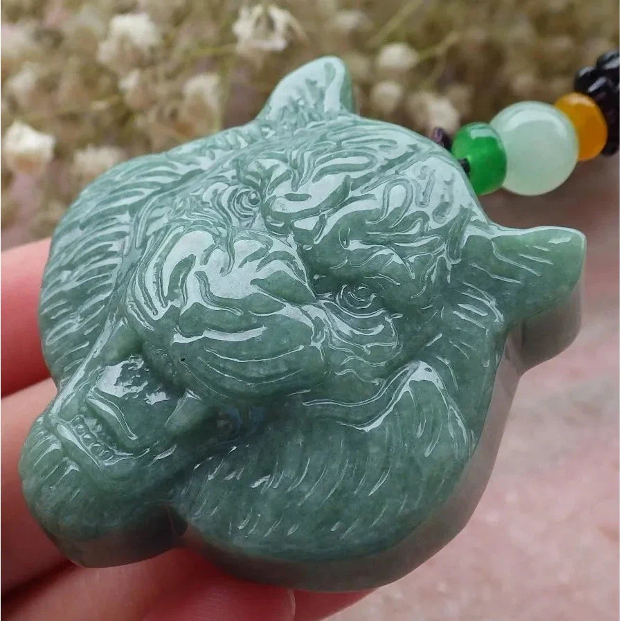Certified Green Burma Natural 100% A Jade Jadeite Pendant Tiger Head - Image 4
