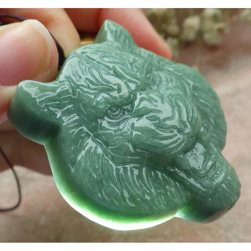 Certified Green Burma Natural 100% A Jade Jadeite Pendant Tiger Head - Image 5