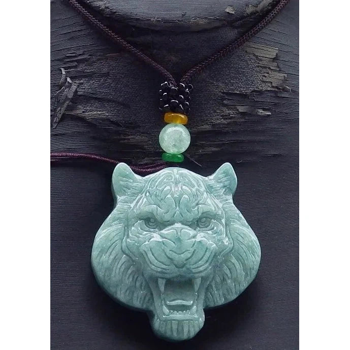 Certified Green Burma Natural 100% A Jade Jadeite Pendant Tiger Head - Image 2