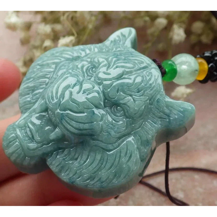 Certified Green Burma Natural 100% A Jade Jadeite Pendant Tiger Head - Image 3