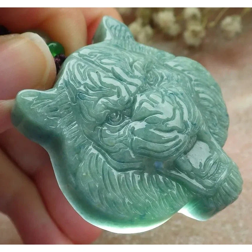 Certified Green Burma Natural 100% A Jade Jadeite Pendant Tiger Head - Image 5