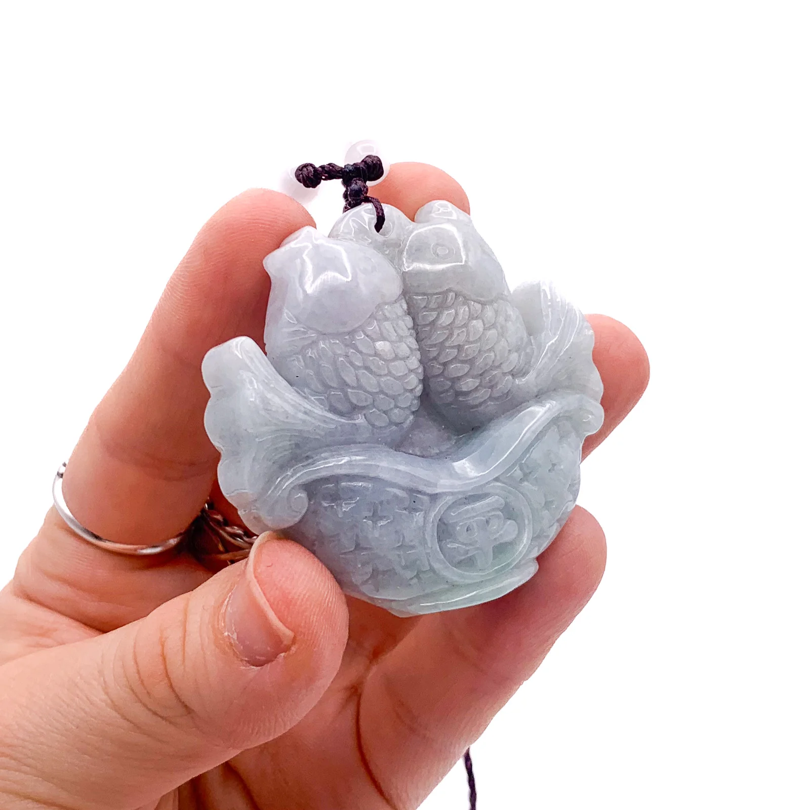 Certified Green Lavender Natural Jadeite Carved Double Fish Happy Marriage Pendant - Image 2