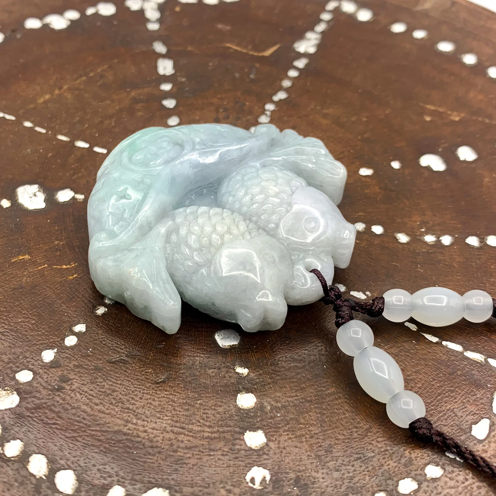 Certified Green Lavender Natural Jadeite Carved Double Fish Happy Marriage Pendant - Image 3