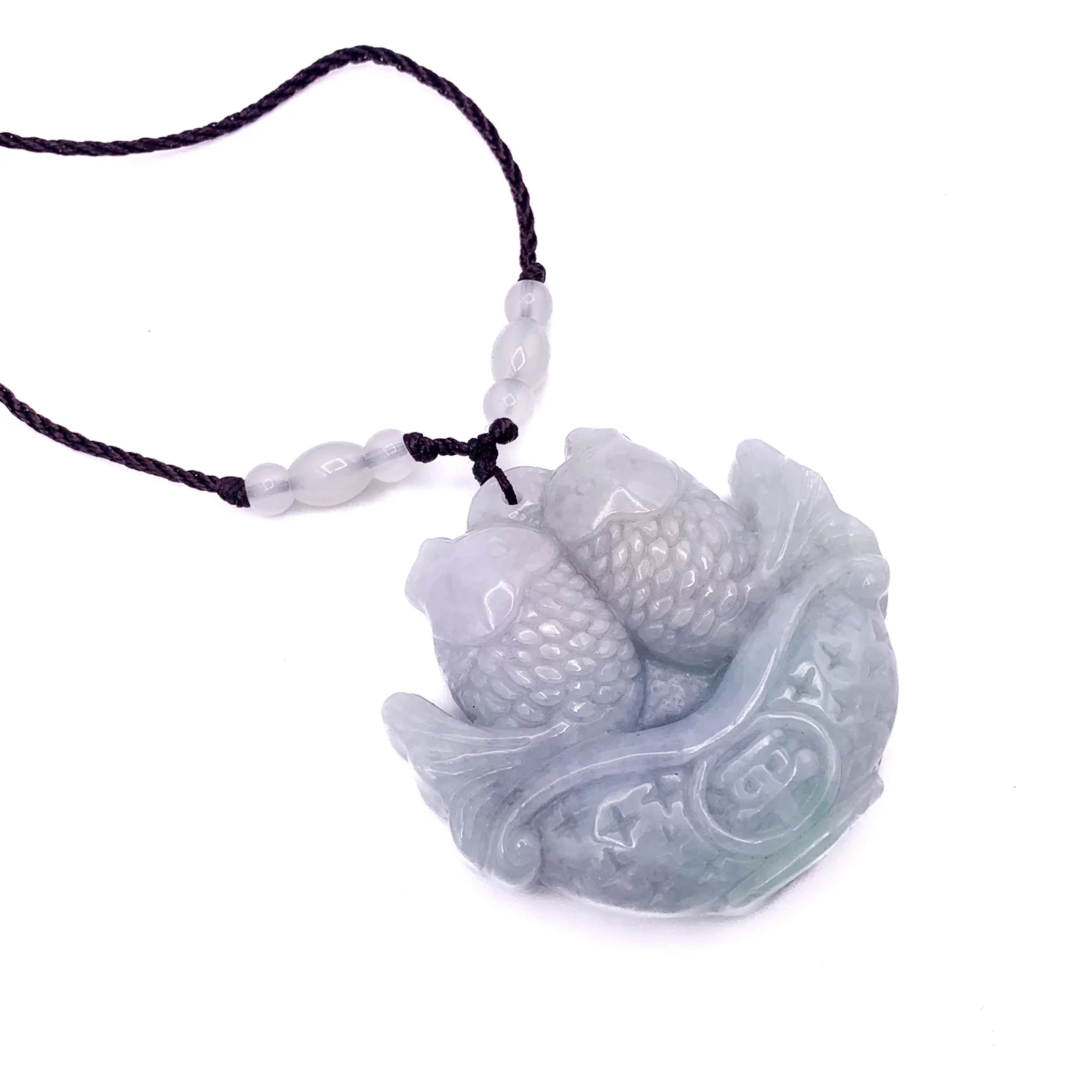 Certified Green Lavender Natural Jadeite Carved Double Fish Happy Marriage Pendant - Image 4