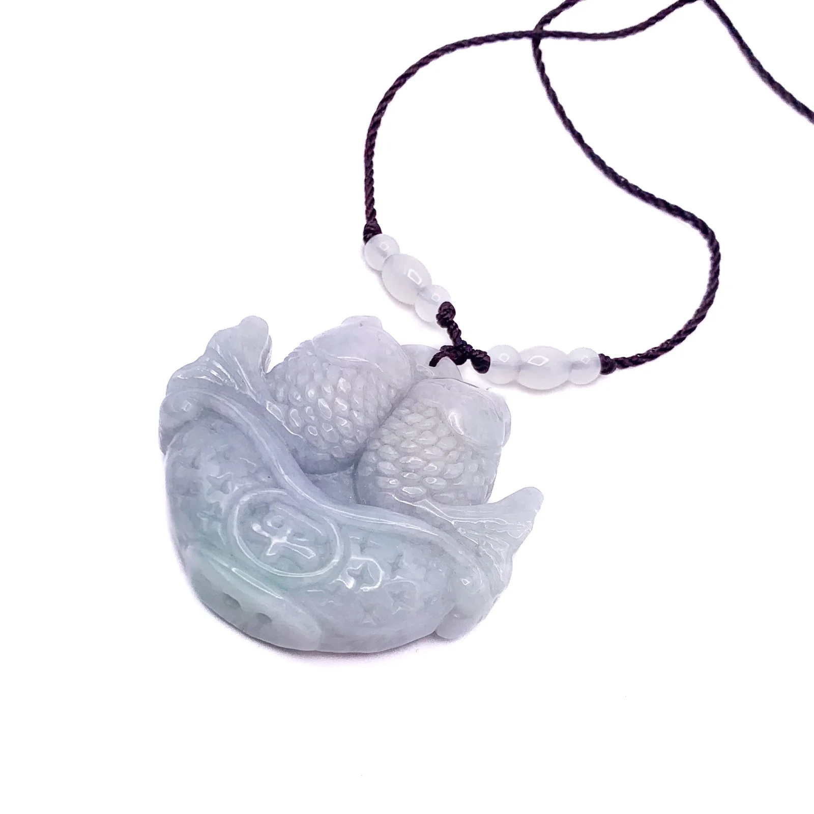Certified Green Lavender Natural Jadeite Carved Double Fish Happy Marriage Pendant - Image 5
