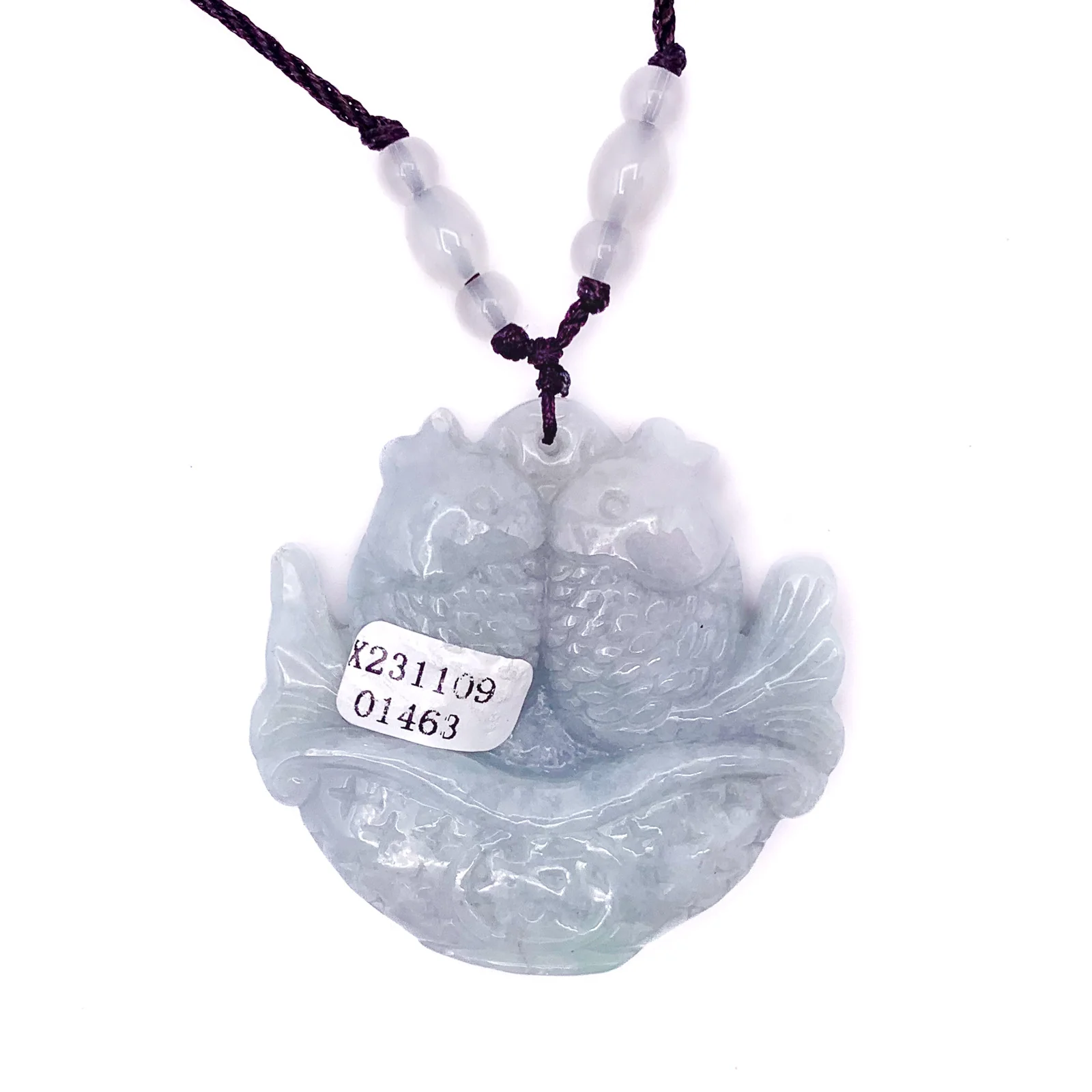 Certified Green Lavender Natural Jadeite Carved Double Fish Happy Marriage Pendant - Image 6