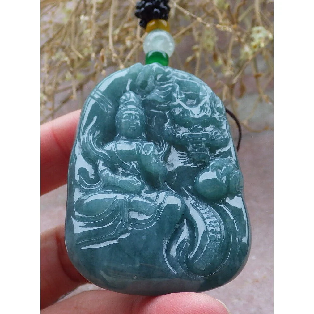 Certified Green Burma Natural A Jade Jadeite Pendant Dragon Guanyin Necklace - Image 14