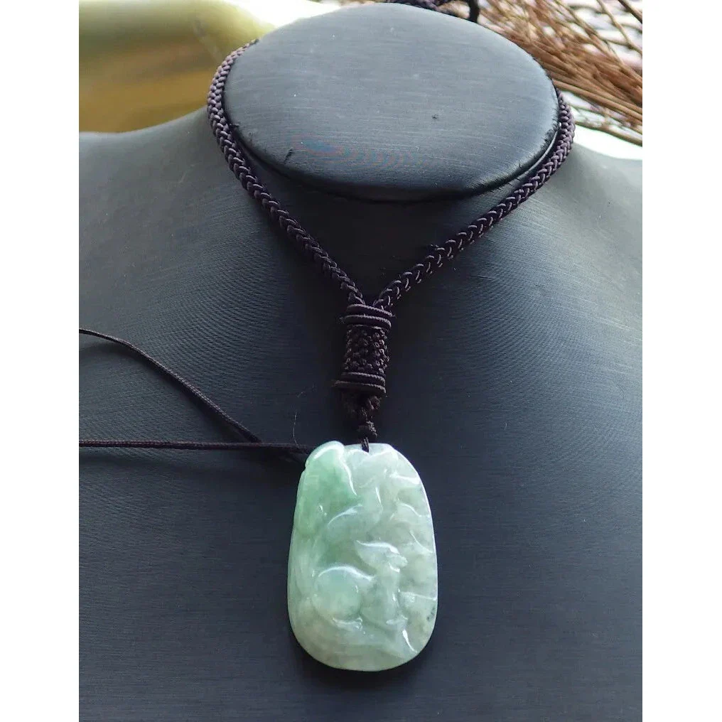 Certified Green Burma Natural A Jade Jadeite Pendant Fox Lotus Flower - Image 2