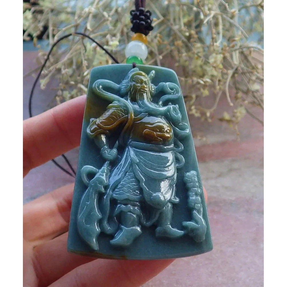 Certified Green Burma Natural A Jade Jadeite Pendant Guan Gong God Necklace - Image 11