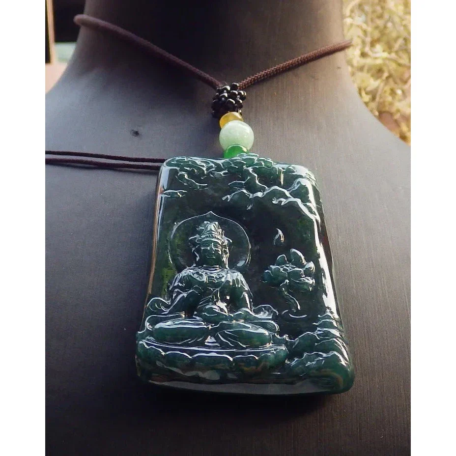 Certified Green Burma Natural A Jade Jadeite Pendant Guanyin Lotus Necklace - Image 2