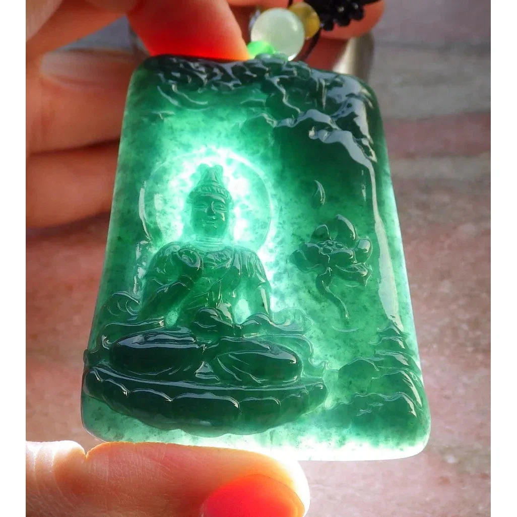 Certified Green Burma Natural A Jade Jadeite Pendant Guanyin Lotus Necklace - Image 3