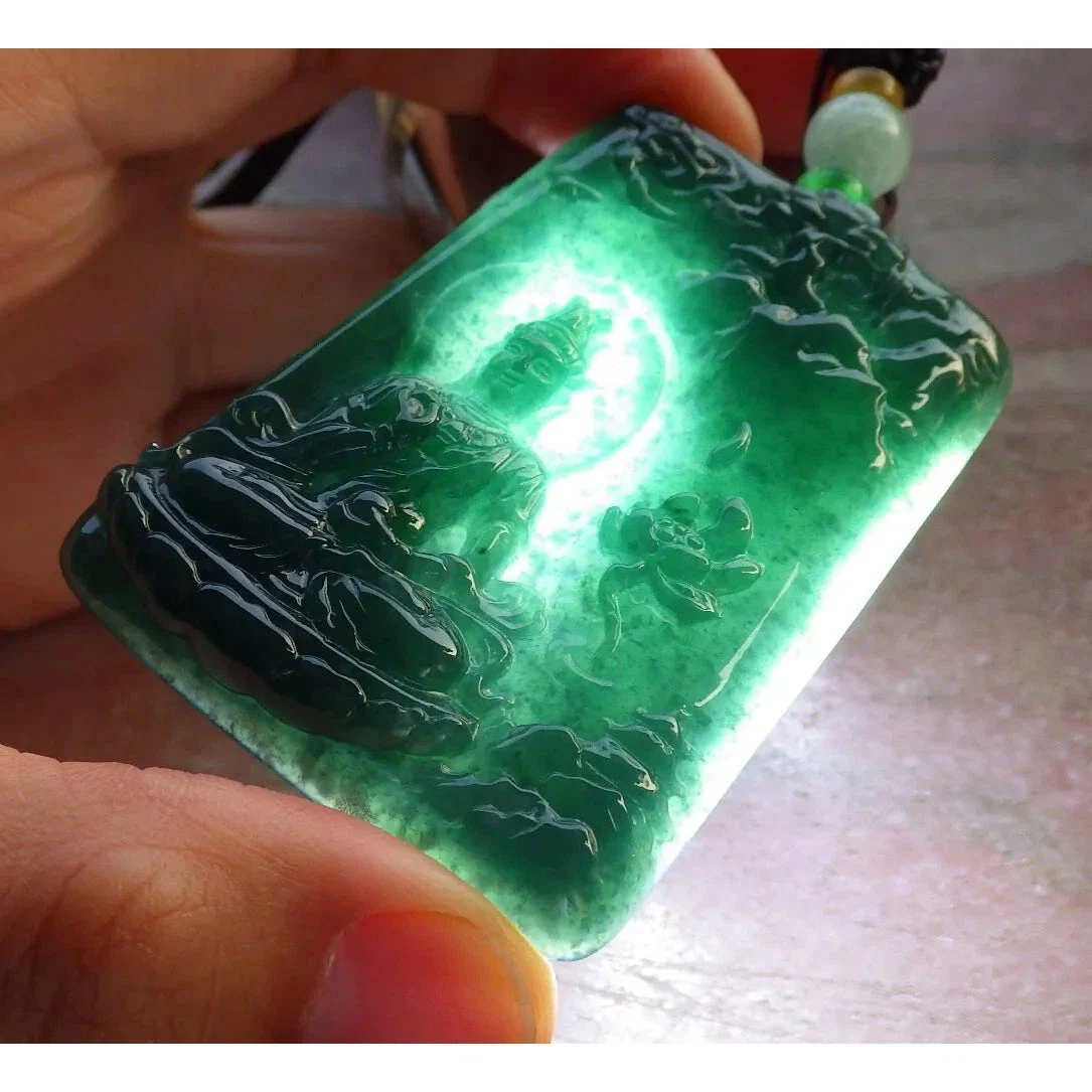 Certified Green Burma Natural A Jade Jadeite Pendant Guanyin Lotus Necklace - Image 7