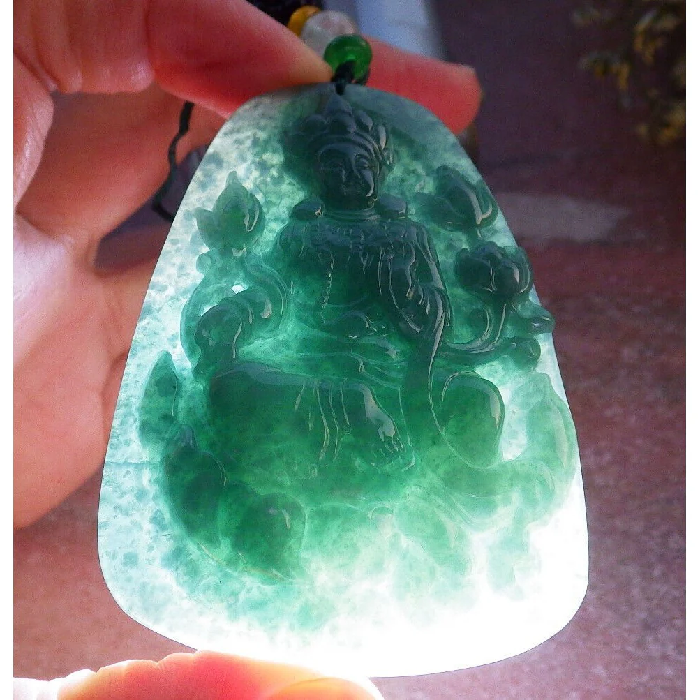 Certified Green Burma Natural A Jade Jadeite Pendant Guanyin Lotus Necklace - Image 2