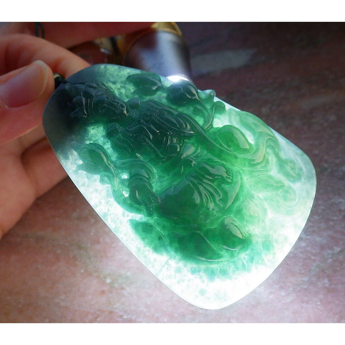 Certified Green Burma Natural A Jade Jadeite Pendant Guanyin Lotus Necklace - Image 4