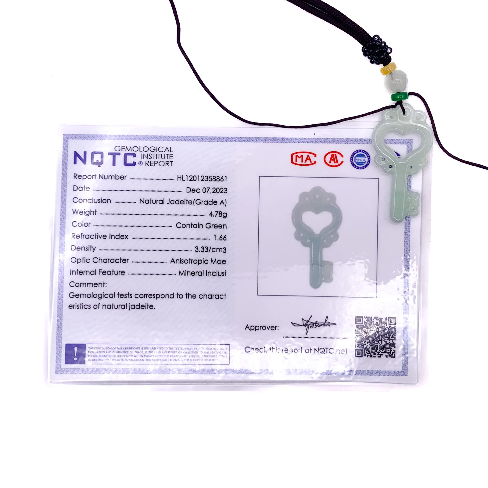 Certified Green Burma Natural A Jade Jadeite Pendant Love Key Necklace - Image 6