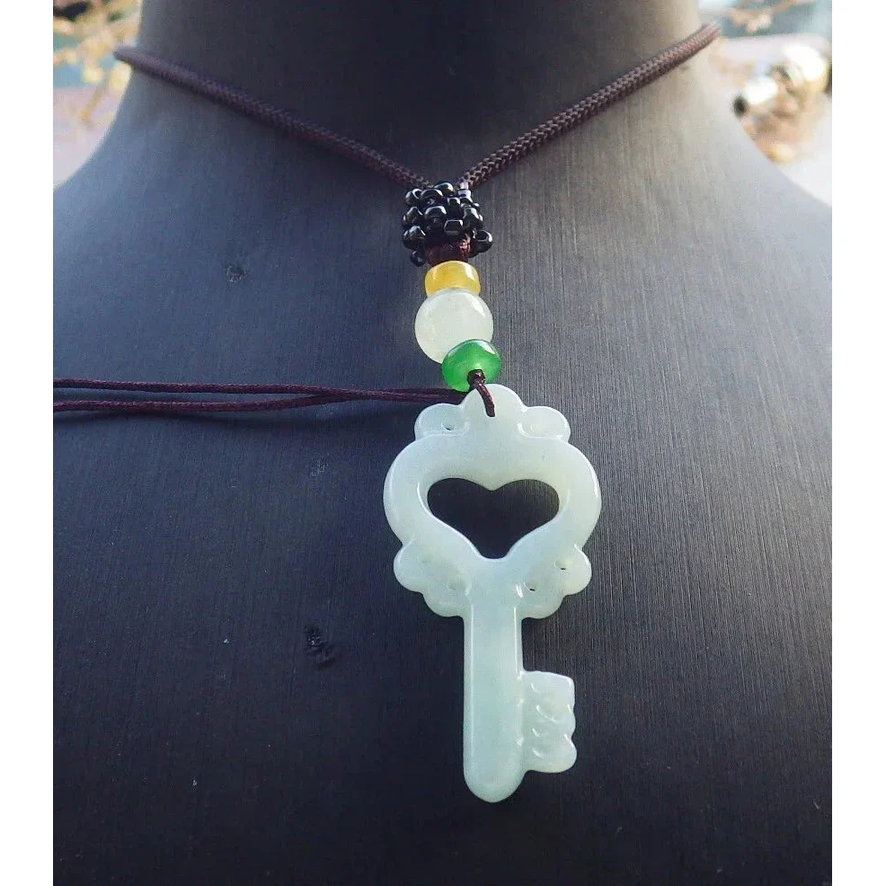 Certified Green Burma Natural A Jade Jadeite Pendant Love Key Necklace - Image 7