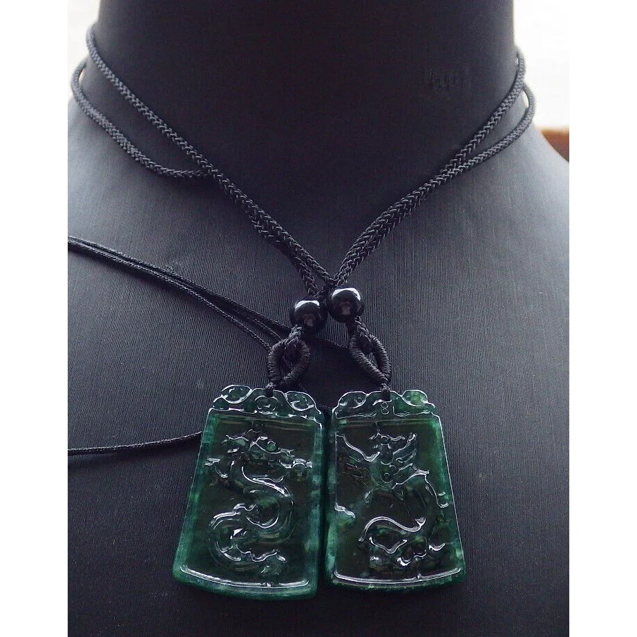 Certified Green Burma Natural A Jade Jadeite Pendant Phoenix Dragon (Pair) Necklaces - Image 2
