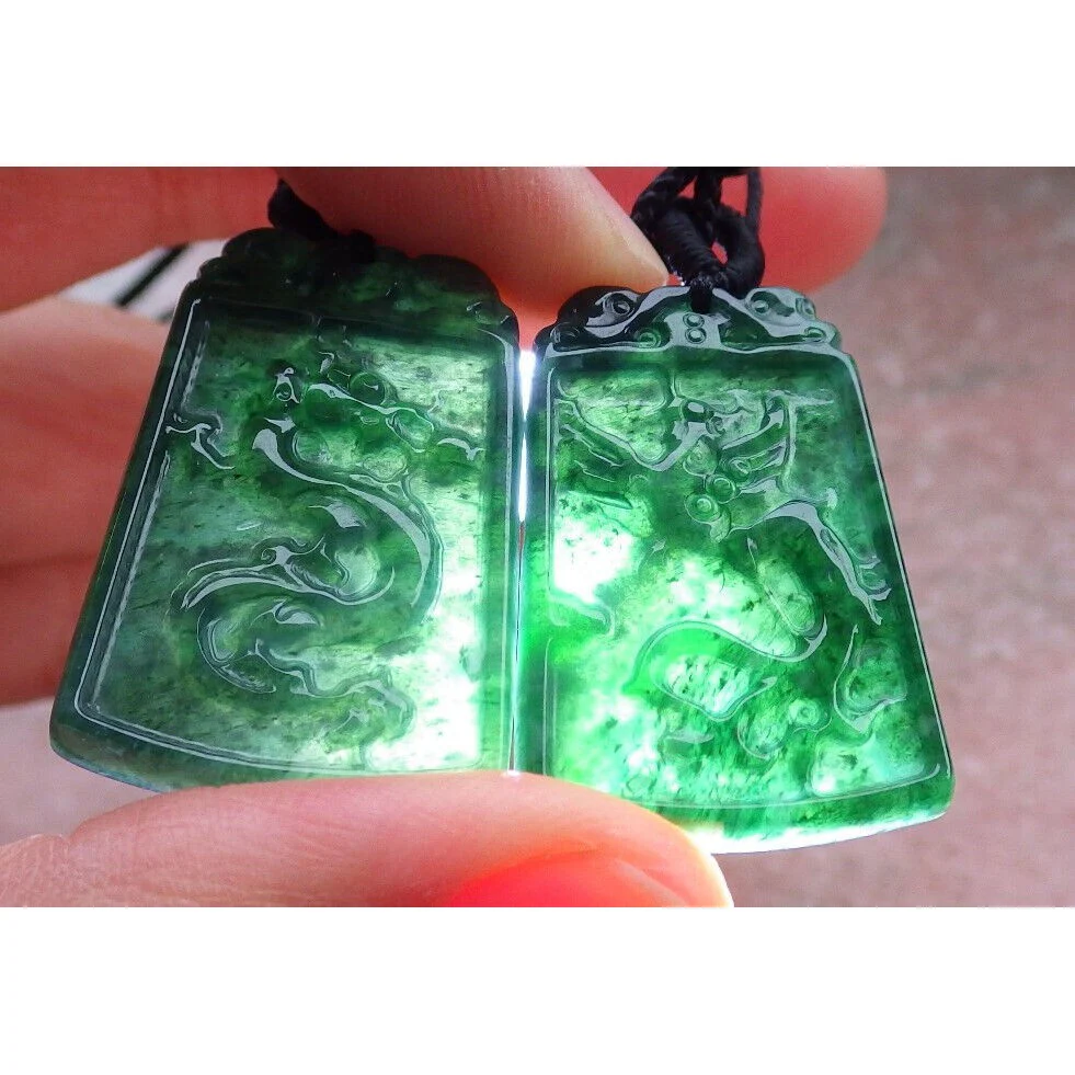 Certified Green Burma Natural A Jade Jadeite Pendant Phoenix Dragon (Pair) Necklaces - Image 3