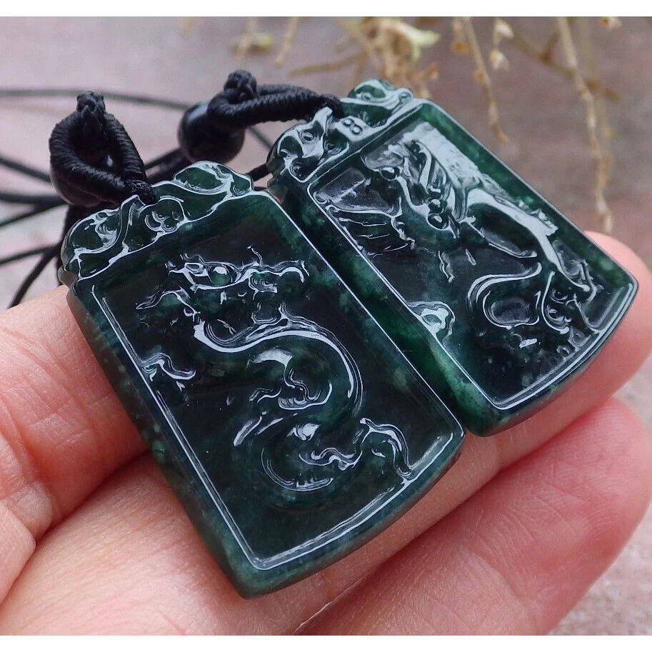Certified Green Burma Natural A Jade Jadeite Pendant Phoenix Dragon (Pair) Necklaces - Image 4