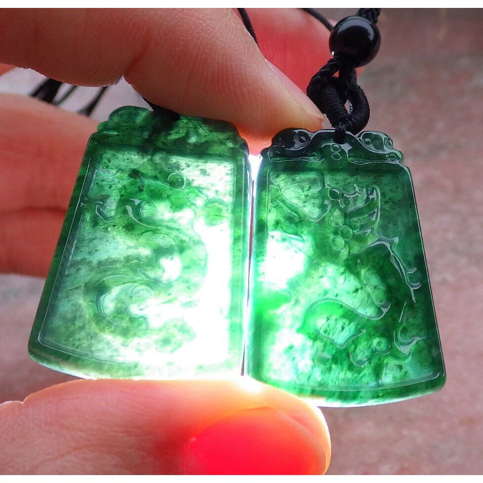 Certified Green Burma Natural A Jade Jadeite Pendant Phoenix Dragon (Pair) Necklaces - Image 5