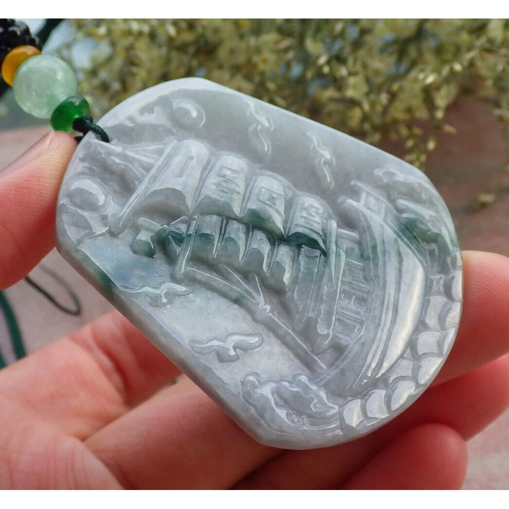 Certified Green Burma Natural A Jade Jadeite Pendant Sailboat Necklace - Image 2
