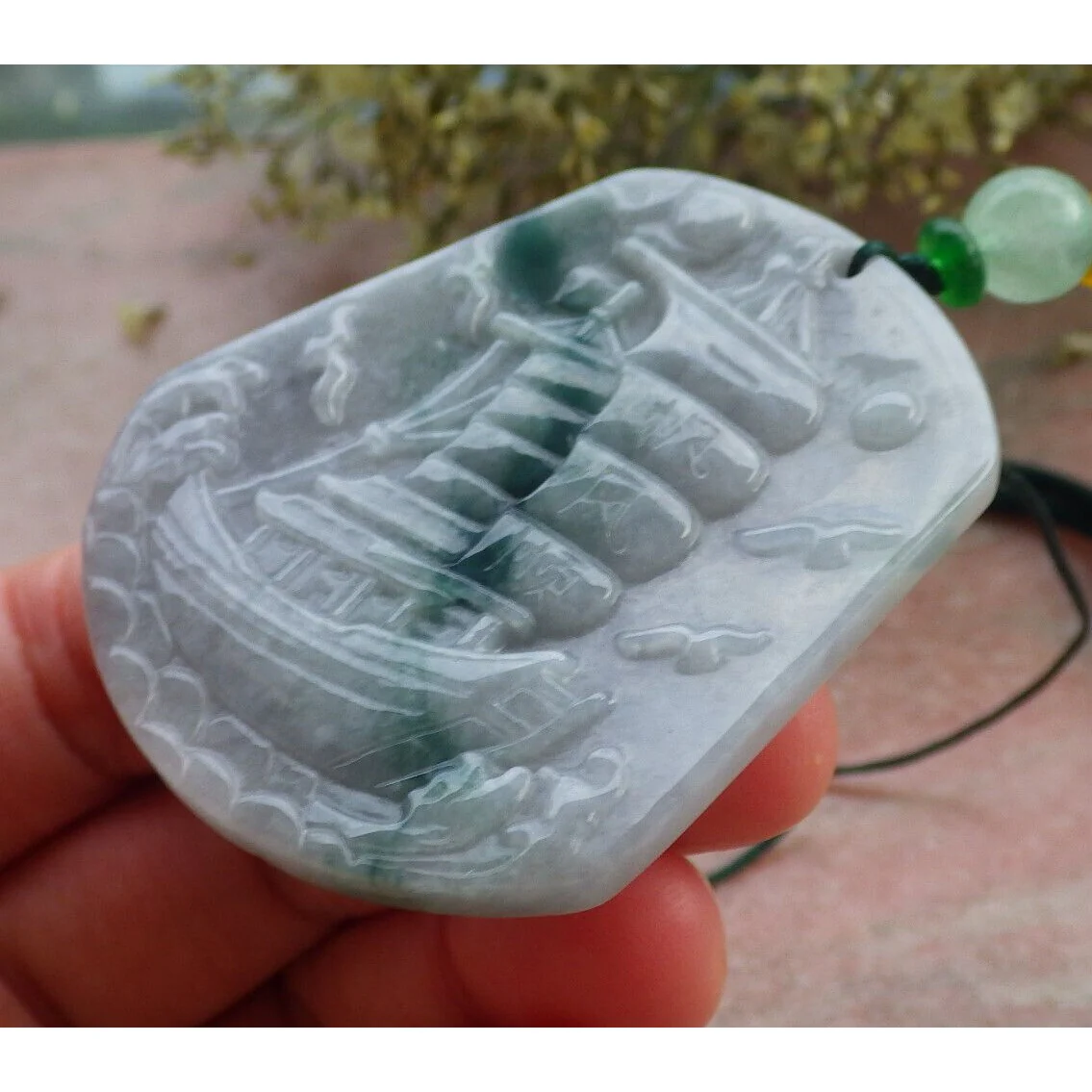 Certified Green Burma Natural A Jade Jadeite Pendant Sailboat Necklace - Image 3