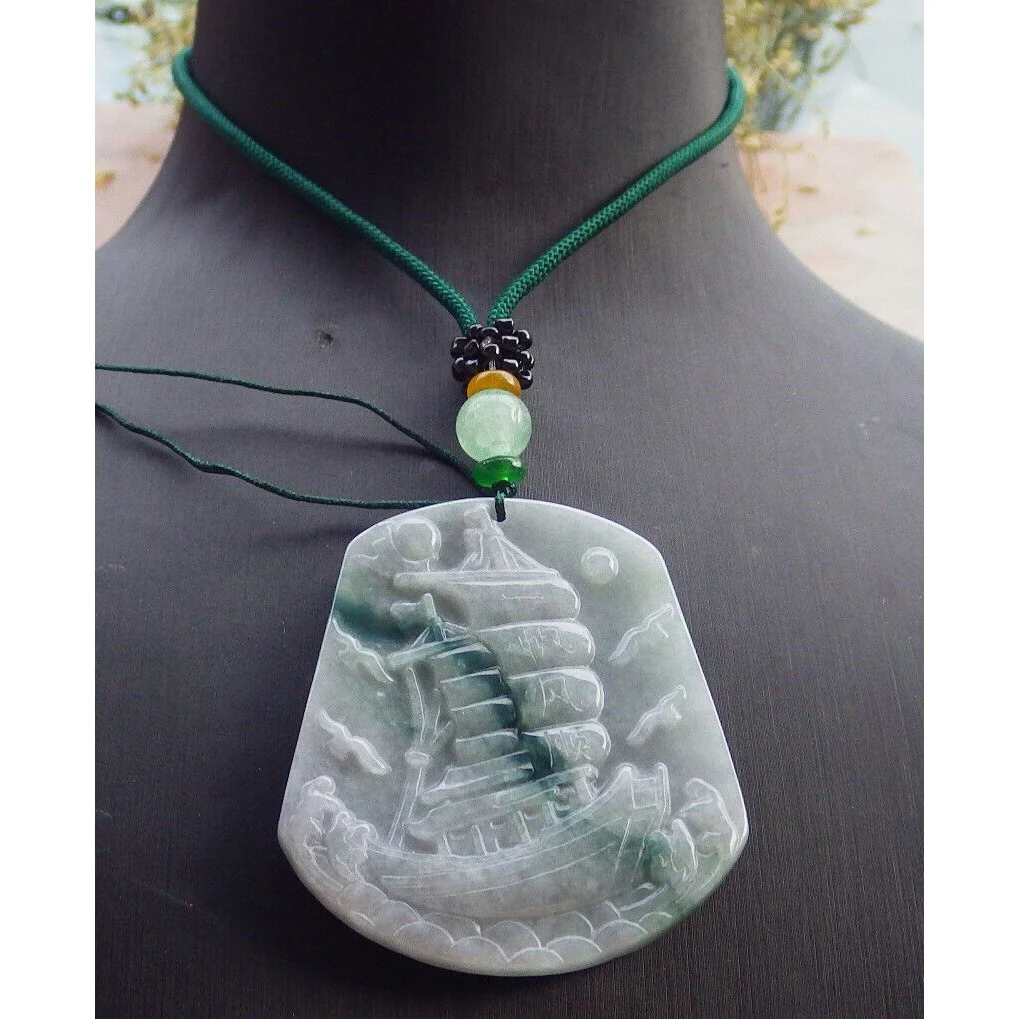 Certified Green Burma Natural A Jade Jadeite Pendant Sailboat Necklace - Image 4