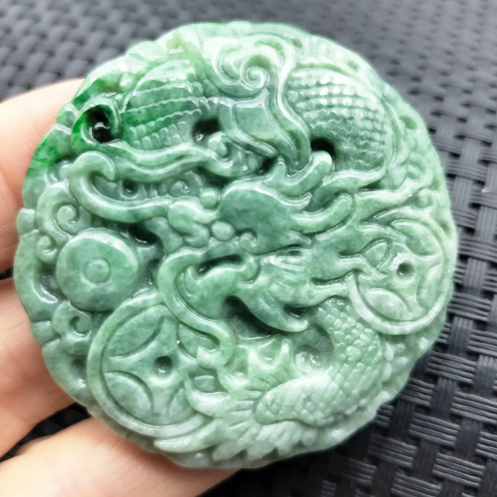 Certified Green Burma Natural Type A Jade Jadeite Carved Dragon Coin Pendant Necklace - Image 3