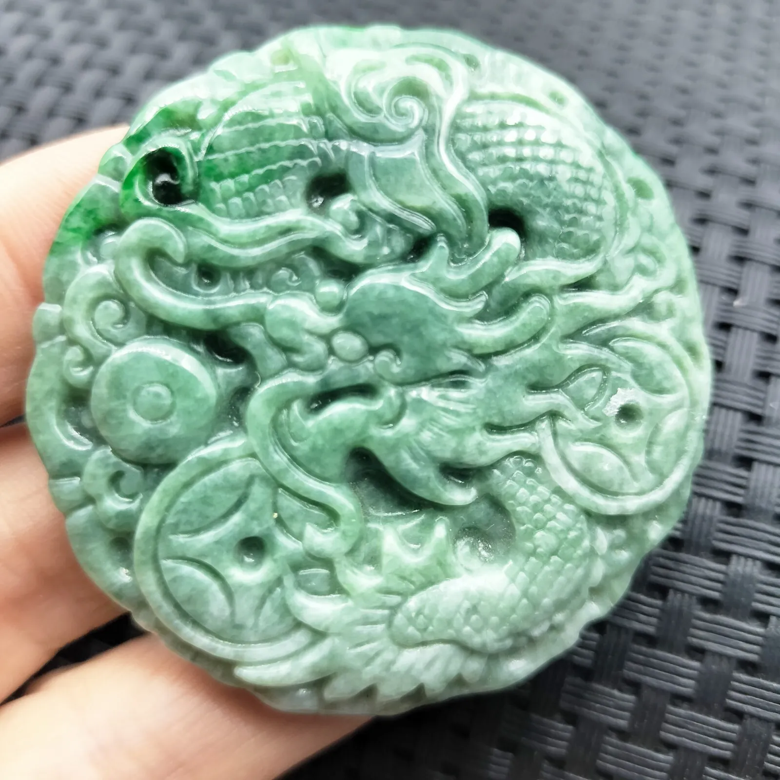 Certified Green Burma Natural Type A Jade Jadeite Carved Dragon Coin Pendant Necklace - Image 4