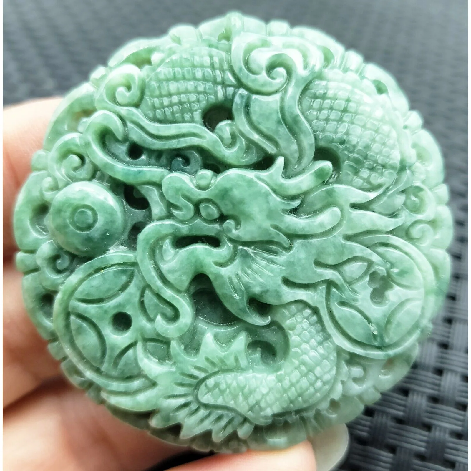 Certified Green Burma Natural Type A Jade Jadeite Carved Dragon Coin Pendant - Image 2