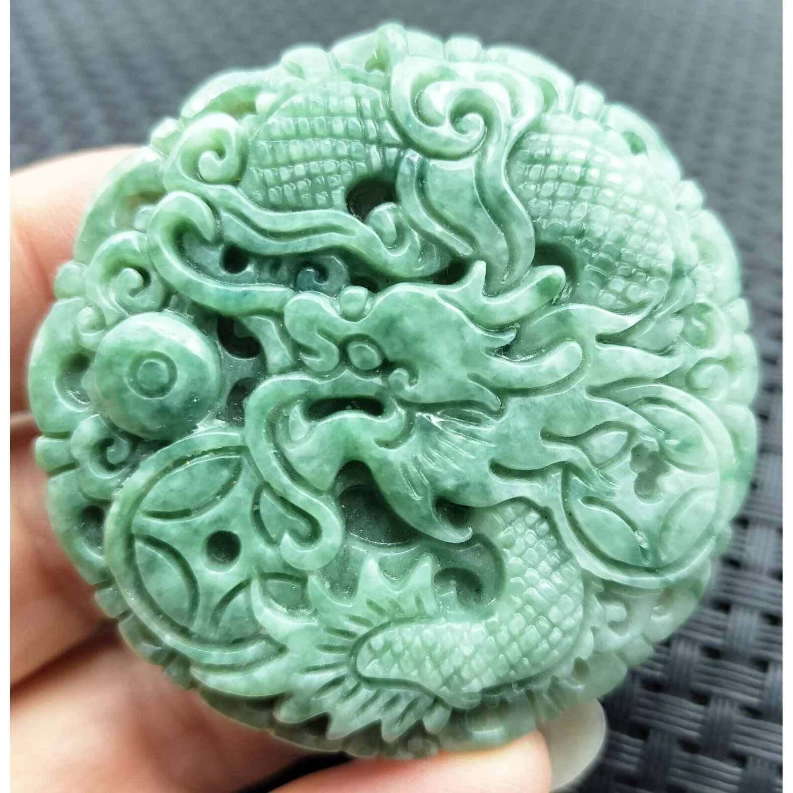Certified Green Burma Natural Type A Jade Jadeite Carved Dragon Coin Pendant - Image 6