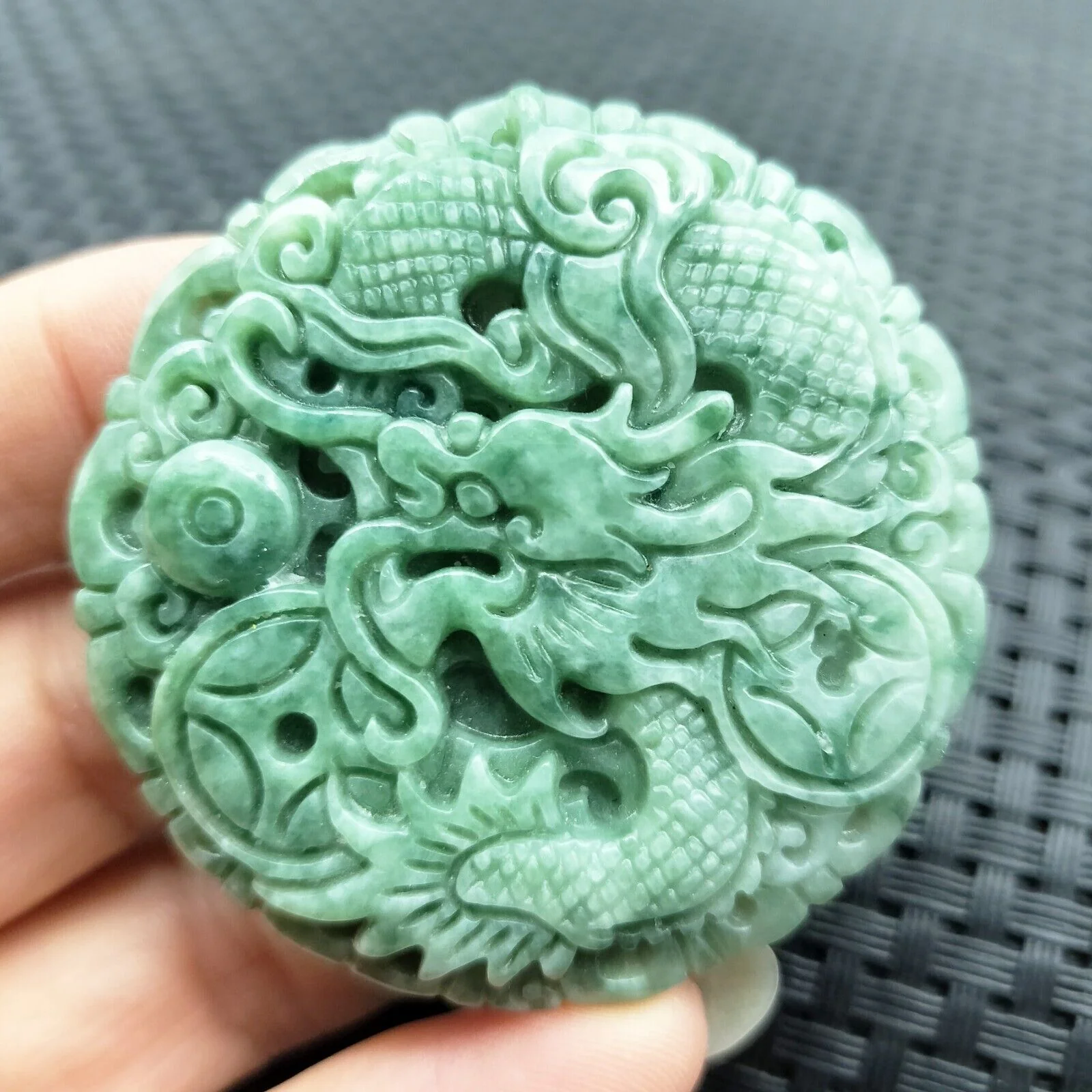 Certified Green Burma Natural Type A Jade Jadeite Carved Dragon Coin Pendant - Image 7
