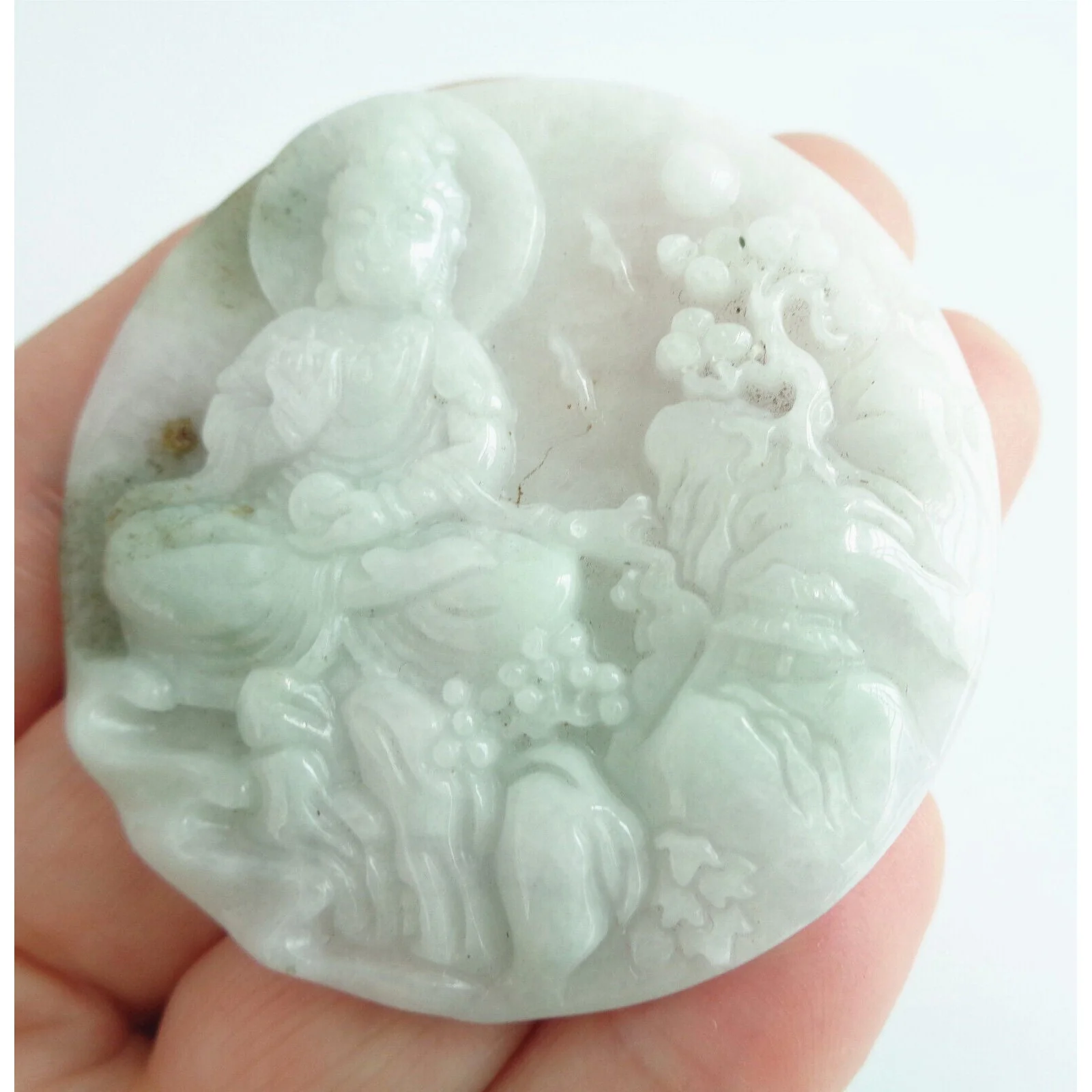 Certified Green Lavender A Jade Pendant Guanyin Kwan Yin God Landscape Painting - Image 11