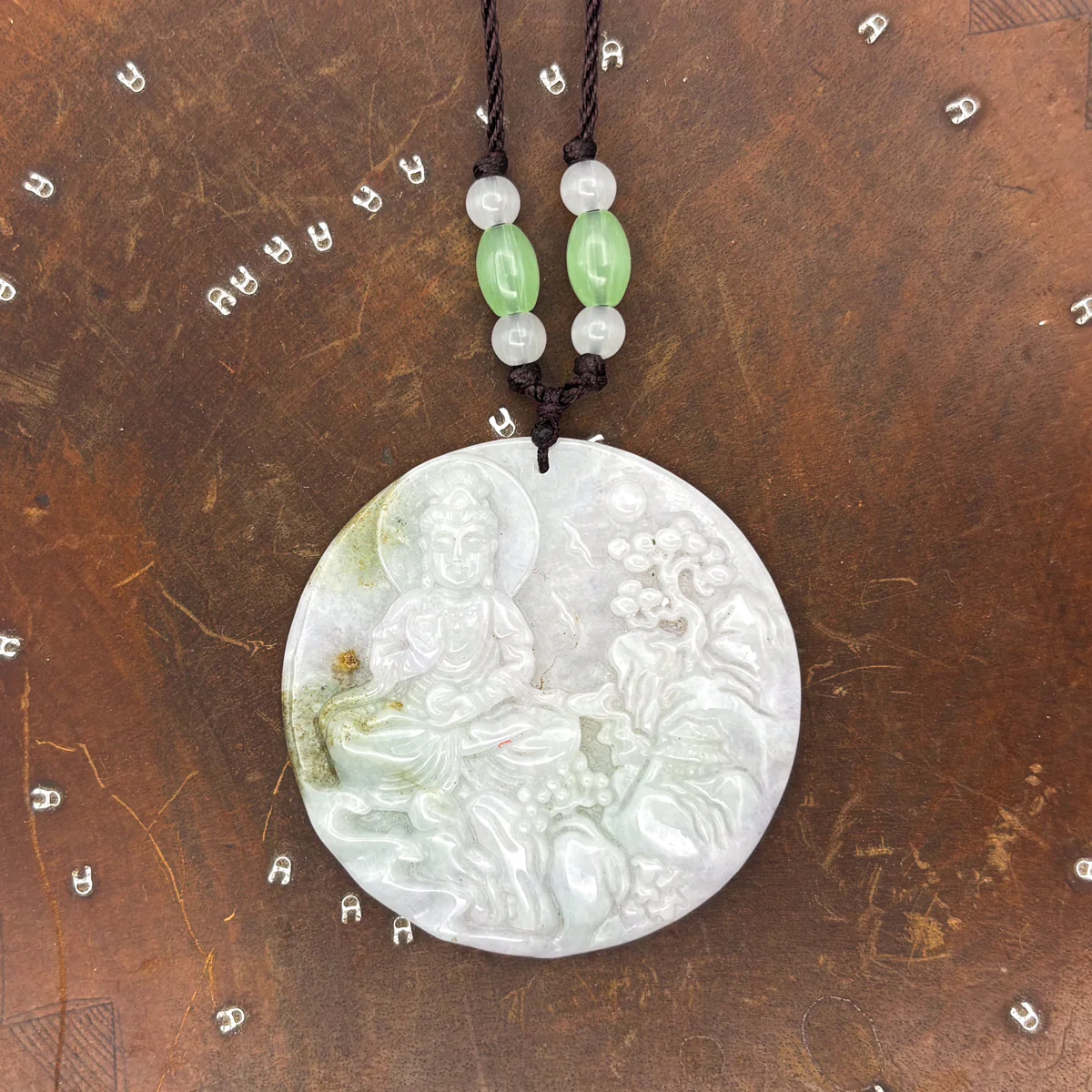 Certified Green Lavender A Jade Pendant Guanyin Kwan Yin God Landscape Painting - Image 5