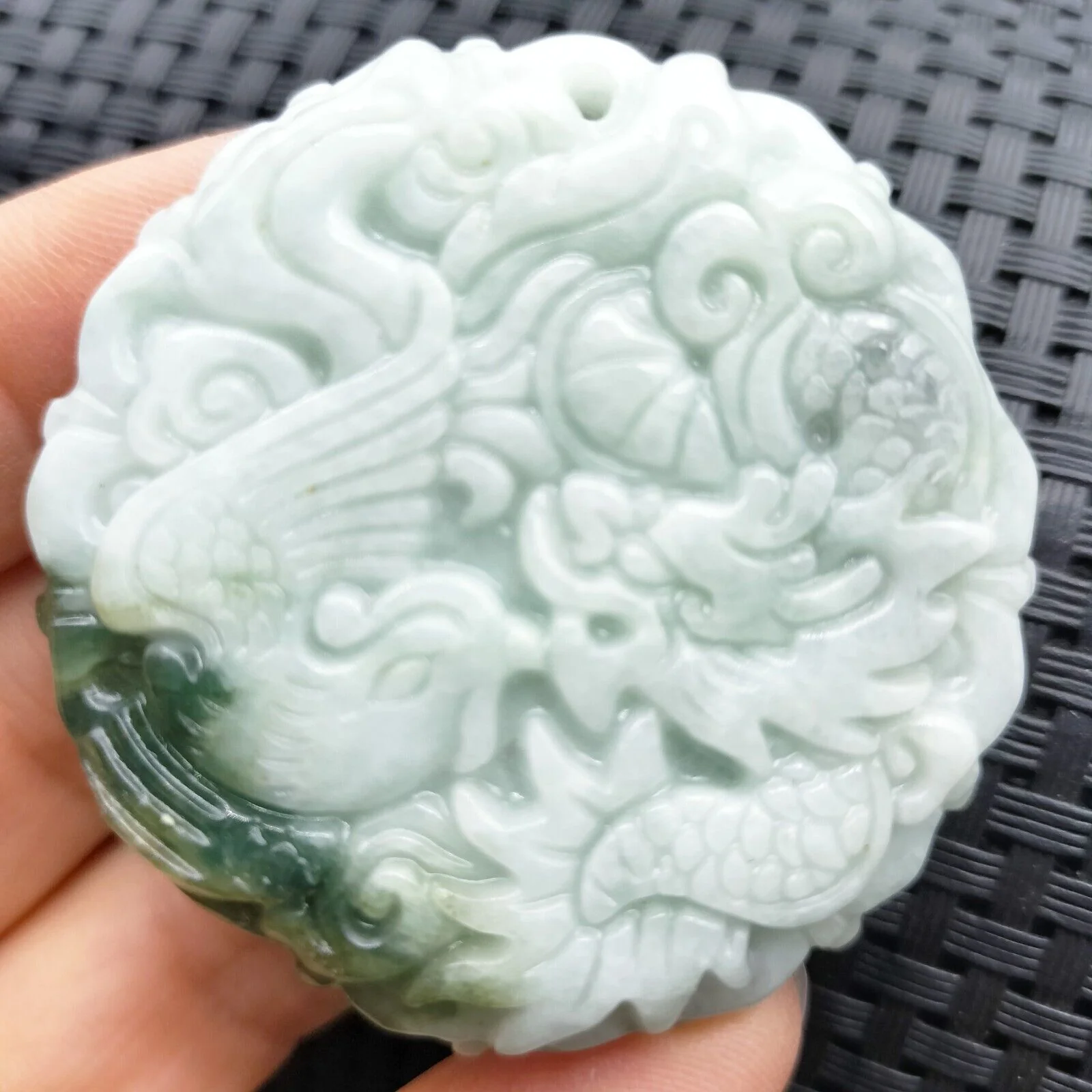 Certified Green Lavender Natural A Jade Jadeite Carved Dragon Phoenix Pendant - Image 2