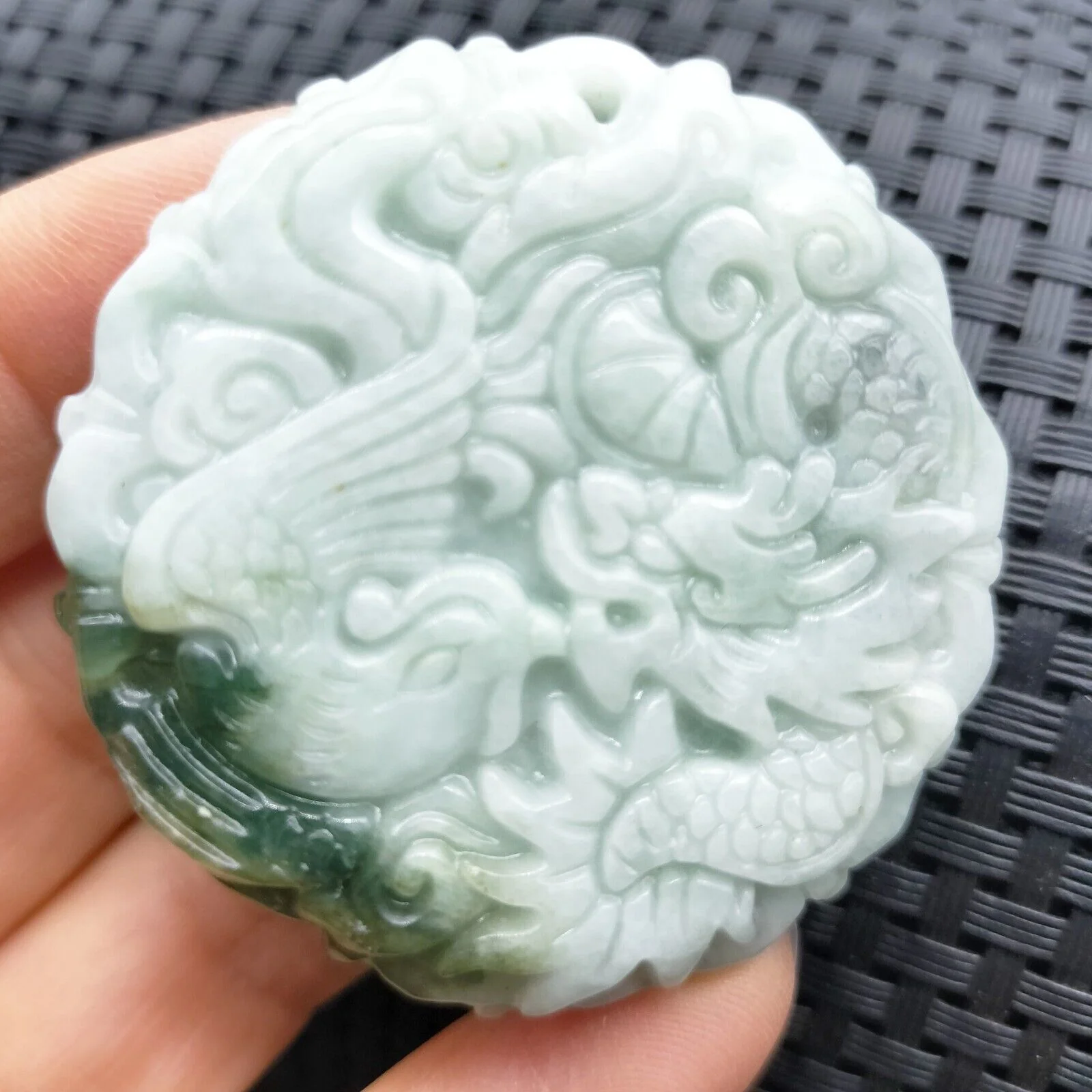Certified Green Lavender Natural A Jade Jadeite Carved Dragon Phoenix Pendant - Image 3