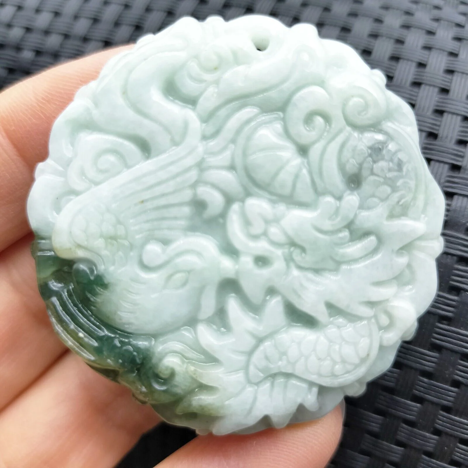Certified Green Lavender Natural A Jade Jadeite Carved Dragon Phoenix Pendant - Image 4