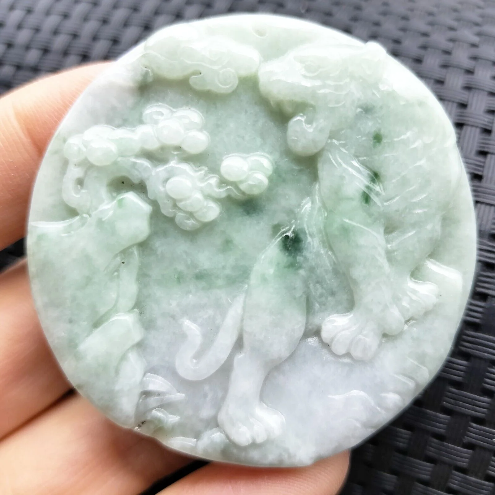 Certified Green Lavender Natural A Jadeite Carved Tiger Tree Pendant - Image 2