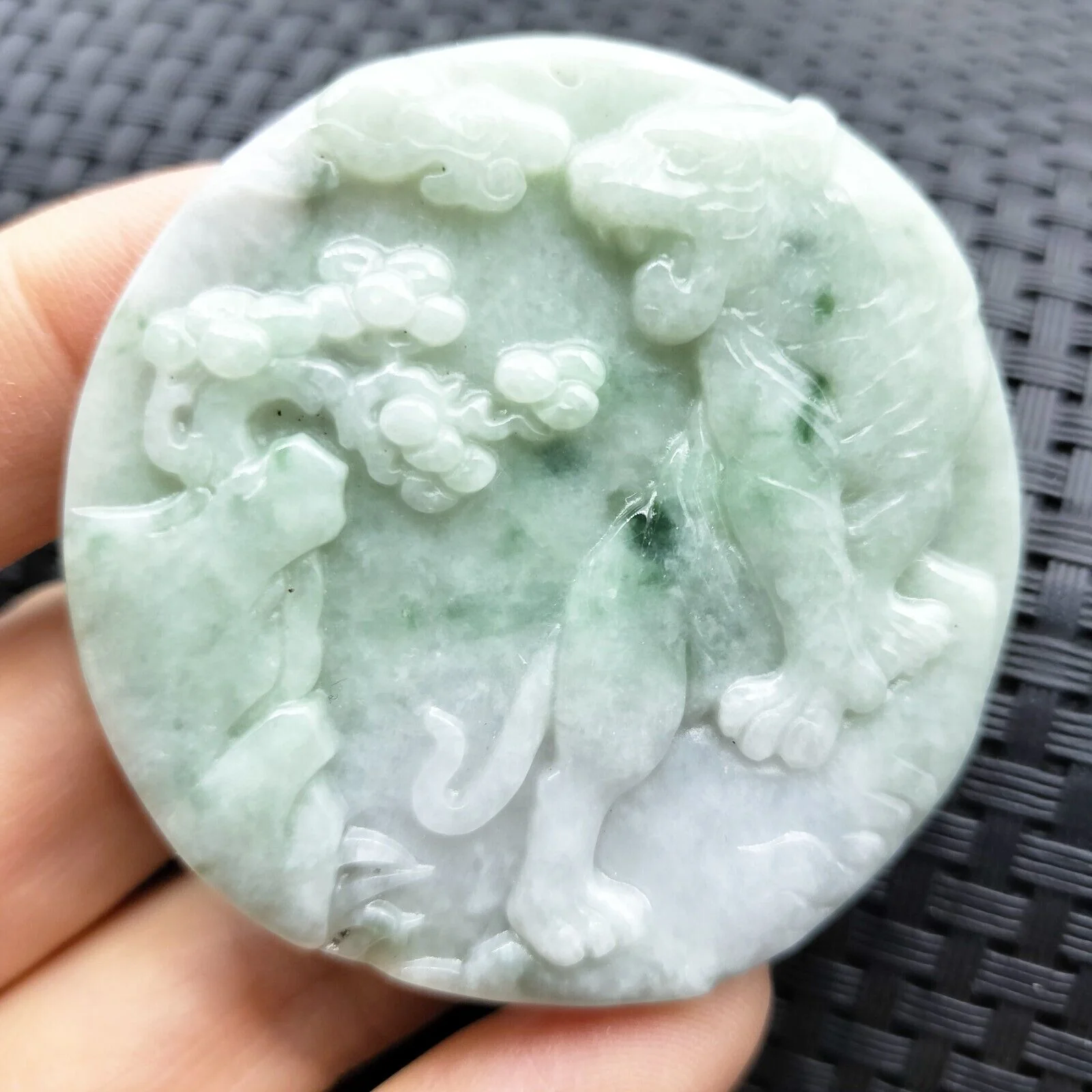 Certified Green Lavender Natural A Jadeite Carved Tiger Tree Pendant - Image 3
