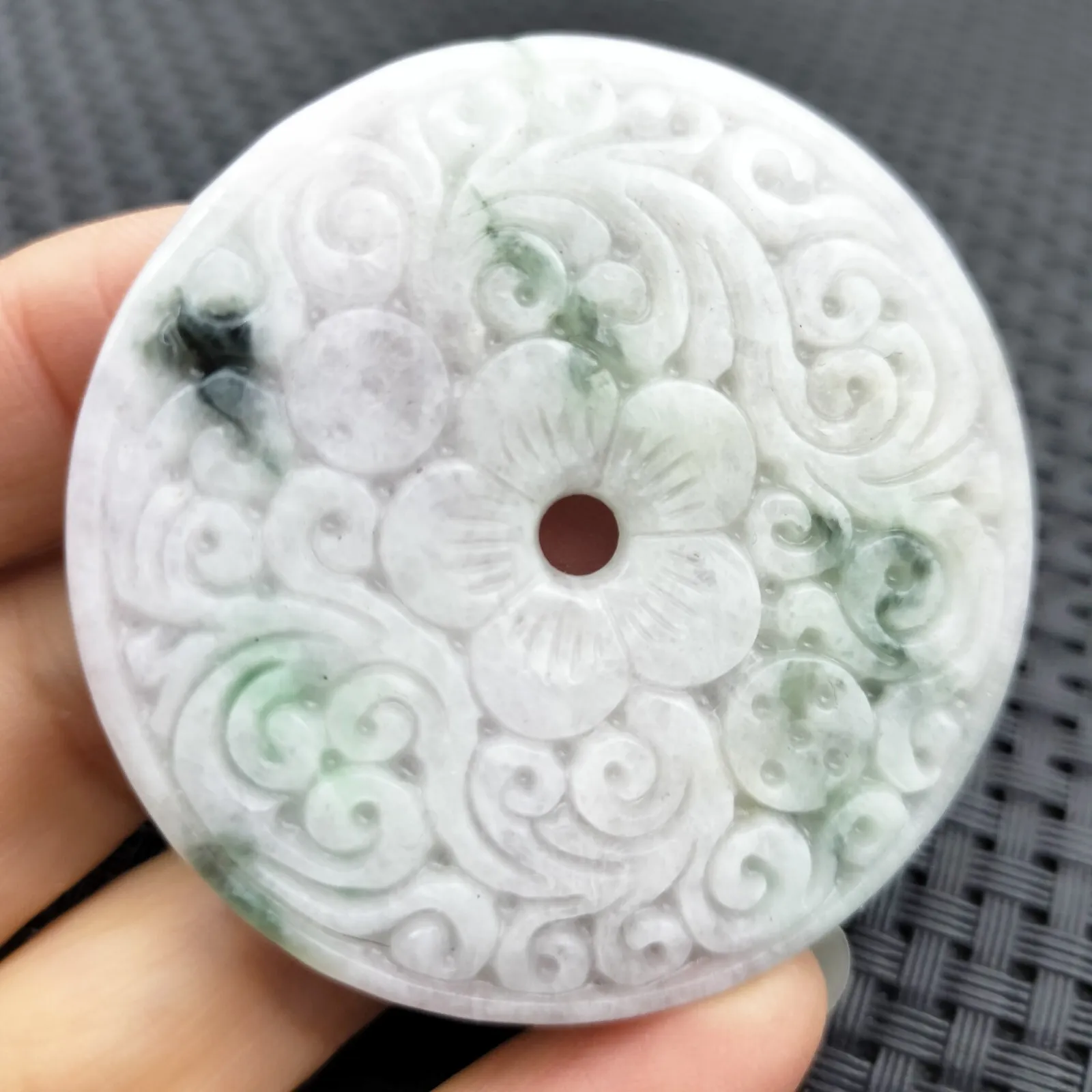 Certified Green Lavender Natural A Jadeite Moire Safety Circle Donut Pendant - Image 3